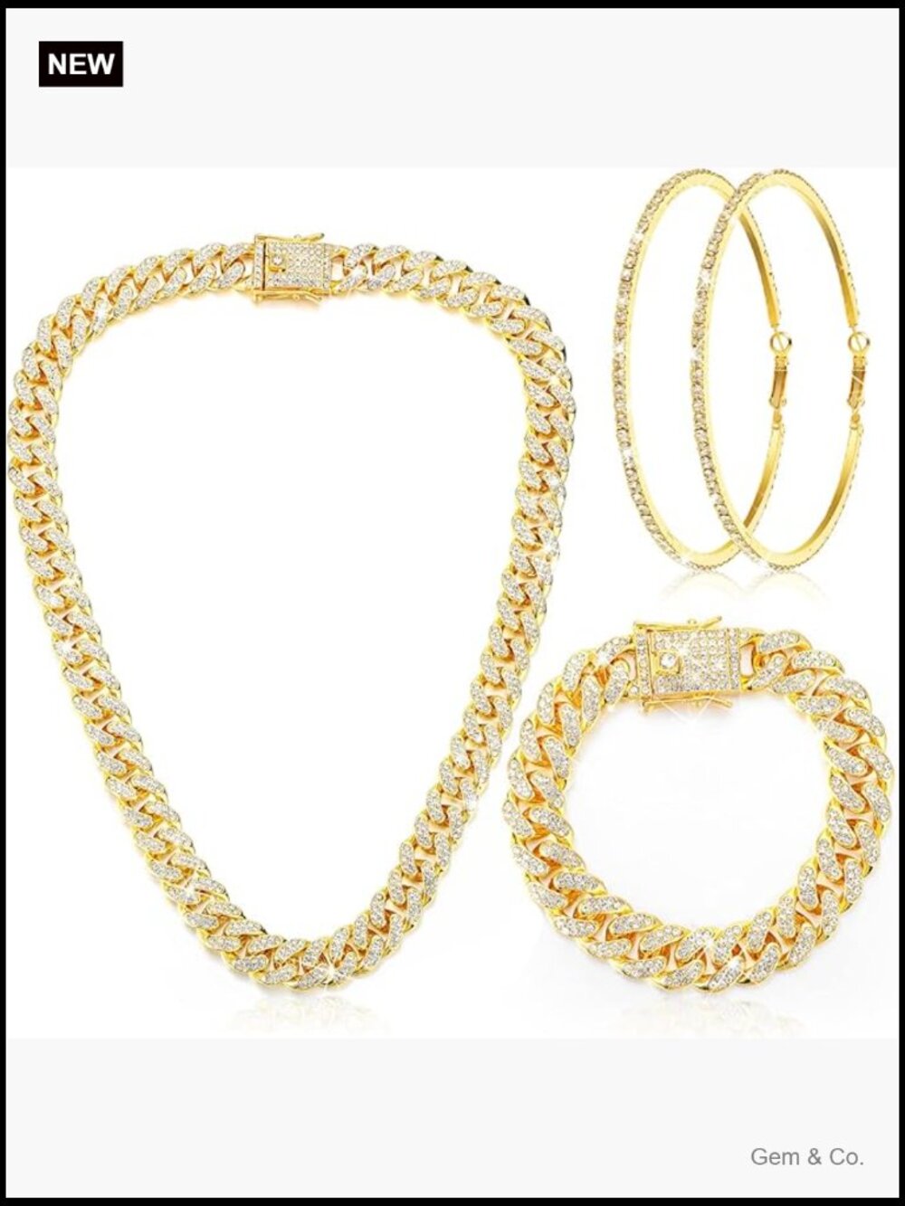 3 Pc Hip Hop Jewelry Set Cuban Link Chain Necklace Bracelet Rhinestone Earrings